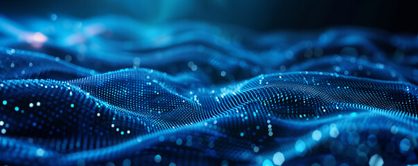 futuristic abstract blue tech background with digital waves particles artificial neural network cyber computing, Abstract blue teal data technology BG