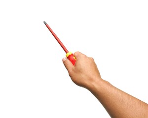 A man's hand holds a yellow and red tool called a screwdriver for use in general mechanical, electrical, and general mechanics work. Equipment for tightening nut heads isolated on white background.	