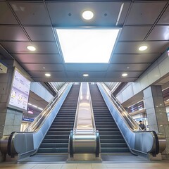 Obraz premium Creative ad placement above subway escalators, small square posters.