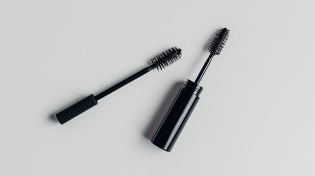 Fototapeta Mascara tube and wand exposed against white backdrop