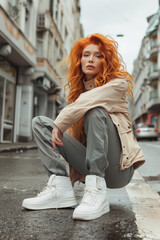 Fototapeta premium Portrait of Stylish and Fashionable Ginger Head Female Model Posing in City Street, Urban Fashion Photography