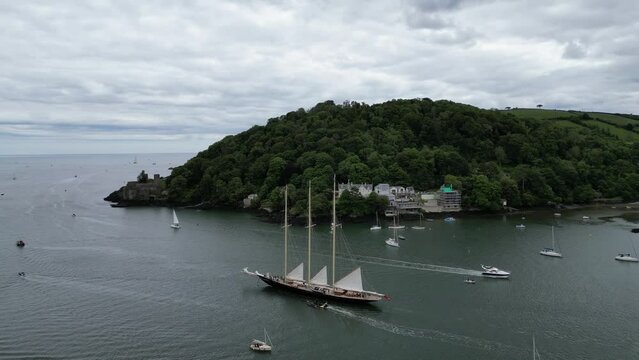 Dartmouth, South Devon, England: DRONE VIEWS: A schooner sail boat heads down the River Dart for the annual Richard Mille cup race from Dartmouth to Cowes on the Isle of Wight (6).