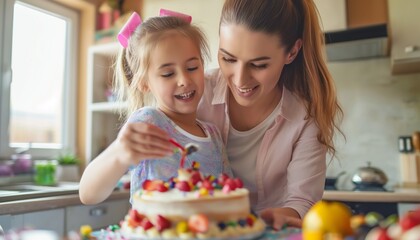 Mother and daughter are decorating a cake in the kitchen while laughing together