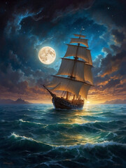Fototapeta premium Majestic Moonlit Sailing Adventure