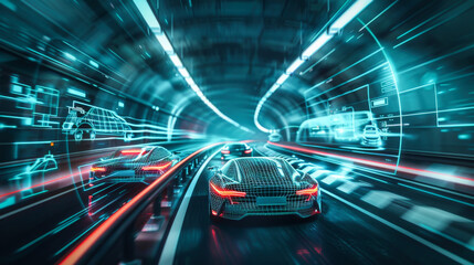 Self driving vehicles in an underground tunnel. Concept of integration of Ai technology in traffic control.
