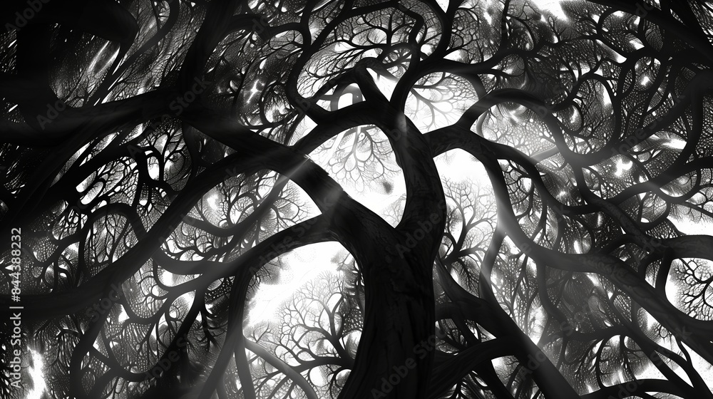 Poster in a mystical forest, twisted branches form intricate patterns, creating a mesmerizing landscape.