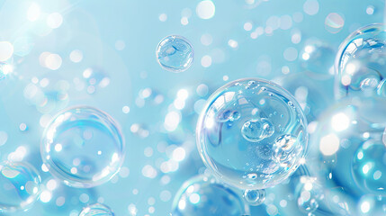 Dreamy Light Blue Background with High-Resolution Transparent Bubbles, Ethereal Atmosphere, Digital Illustration, and 3D Rendering Style