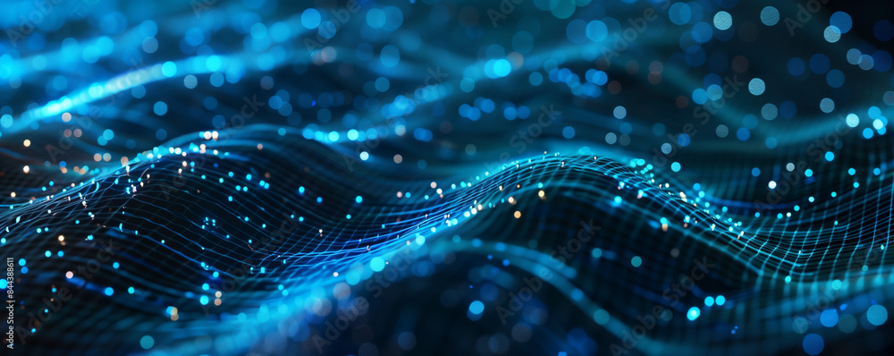 Aufkleber futuristic abstract blue tech background with digital waves particles artificial neural network cybe