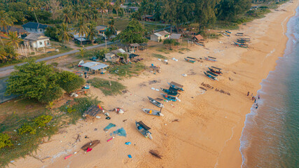 Aerial drone view of fisherman beach scenery at Pantai Jambu Bongkok, Marang, Terengganu, Malaysia