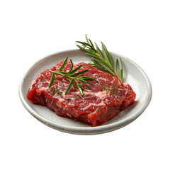 Fresh, raw meat with rosemary, on a white plate isolated on transparent background.