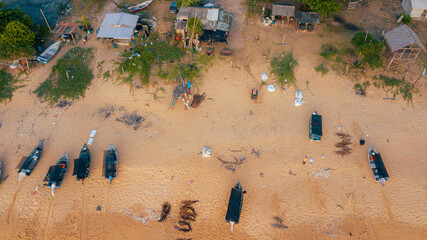 Aerial drone view of beach scenery at Pantai Jambu Bongkok, Marang, Terengganu, Malaysia