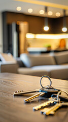 Keys on the table in a modern apartment. New home concept.