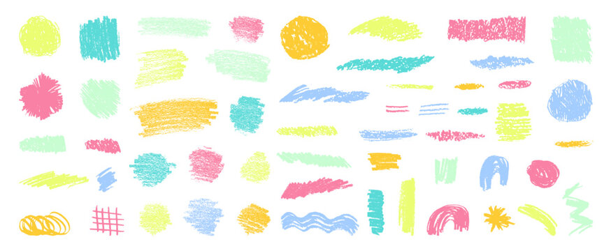 Gentle toddler naive playful shapes. Baby chalk scribbles in pastel colors. Dry pastel smears, scrawls, textures. Kids drawings on transparent backdrop. Vector handdrawn set
