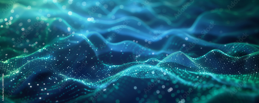 Poster futuristic abstract blue tech background with digital waves particles artificial neural network cybe