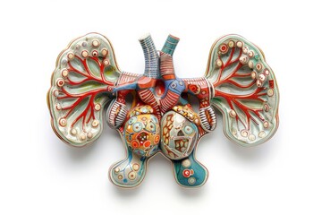 A plastic model of the endocrine system, highlighting glands like the thyroid, adrenal glands, and pituitary gland. The model is isolated on a white background for educational clarity