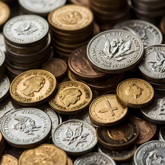 Closeup shot of a lot of coins. A stack of silver and gold coins. money saving or investment background concept .Coins side view close up.