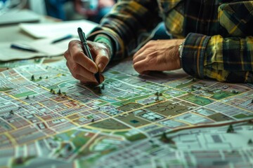 Naklejka premium A Hand Tracing a Detailed City Map With a Pen