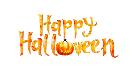 Happy Halloween text logo with a transparent background featuring spooky and festive elements like ghosts, pumpkins, and witches. Perfect for October celebrations and seasonal designs.