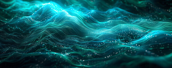 futuristic abstract blue tech background with digital waves particles artificial neural network cyber computing, Abstract blue teal data technology BG