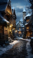 Houses in the snow at night. Winter wonderland. Christmas decoration