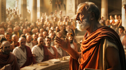 Ancient philosophers speaking to audience in a historical setting