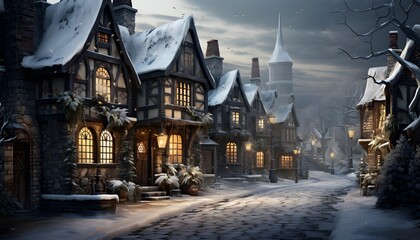 Night view of old european houses in the snow in winter