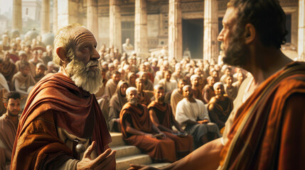 Ancient philosophers speaking to audience in a historical setting