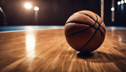Obraz premium unbranded basketball standing in front of spotlights on a glossy wooden basketball court 