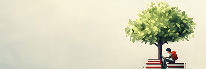 Student reading a book under a tree, with stacks of books around him. Concept of back to school and study motivation