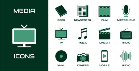 Fototapeta premium Media icon set. Collection contains book, newspaper, film, microphone, tv, music, cinema, radio, vinyl and other icons.