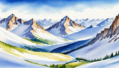 Alpine Cirque with Snow Watercolor Background Illustration