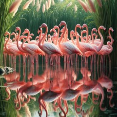A flock of pink flamingos adorns a calm lake, their elegance mirrored in the still water amidst lush green grass. generative AI