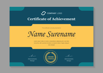modern blue  and yellow certificate design template. certificate of appreciation with gold badge