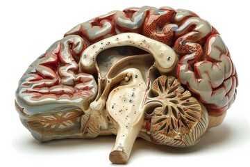 A realistic photo of a plastic model of the pituitary gland, showing its lobes and connection to the hypothalamus. The model is isolated on a white background for clear educational reference