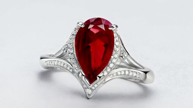 Silver ring with round topaz at the base, a pear shaped red ruby stone in the middle, jewel.