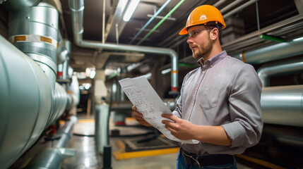 Fototapeta premium Portrait of a project manager standing in a modern industrial factory with a safety helmet on his head and protective equipment on his ears using Hold a blueprint For checking machinery