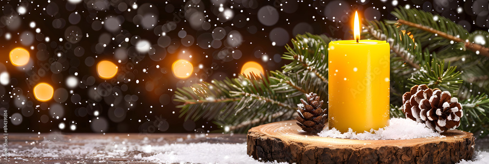 Poster minimalistic candle on a wooden slice with snow and pine tree branches in the background. christmas 