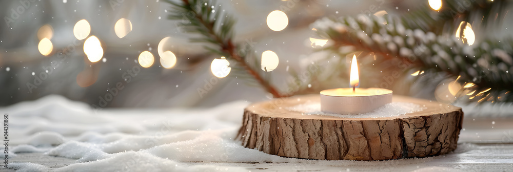 Poster minimalistic candle on a wooden slice with snow and pine tree branches in the background. christmas 