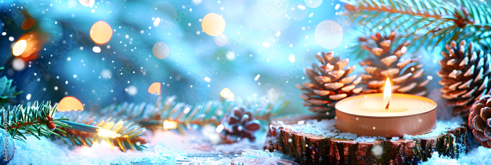 Poster minimalistic candle on a wooden slice with snow and pine tree branches in the background. christmas 