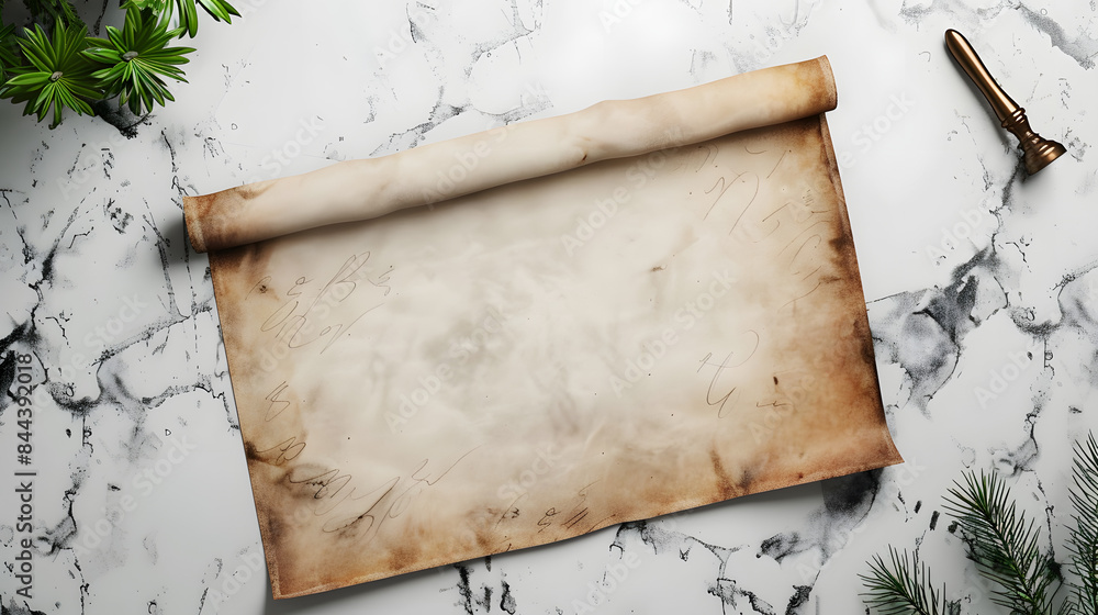 Poster mockup of a blank papyrus on a quartz countertop with winter frost patterns