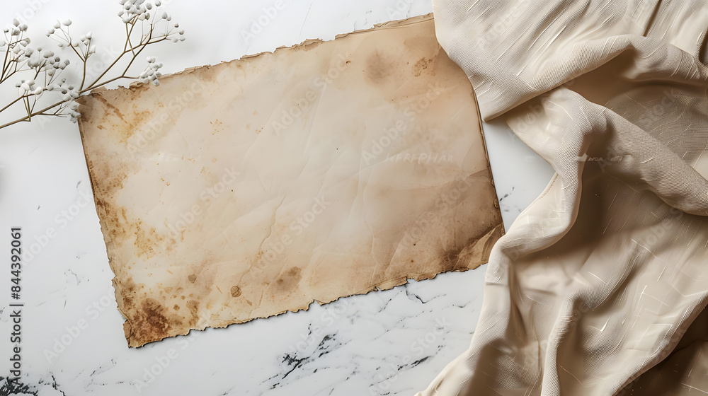 Poster mockup of a blank papyrus on a quartz countertop with winter frost patterns