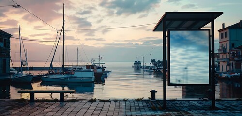 Narrow vertical blank billboard at a seaside town bus stop, quiet morning with docks and boats.