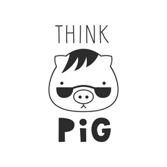 Think big quote. Motivational inspirational lettering phrase with a pig. Humor and amusing saying. Cute animal. Funny card black and white vector illustration.