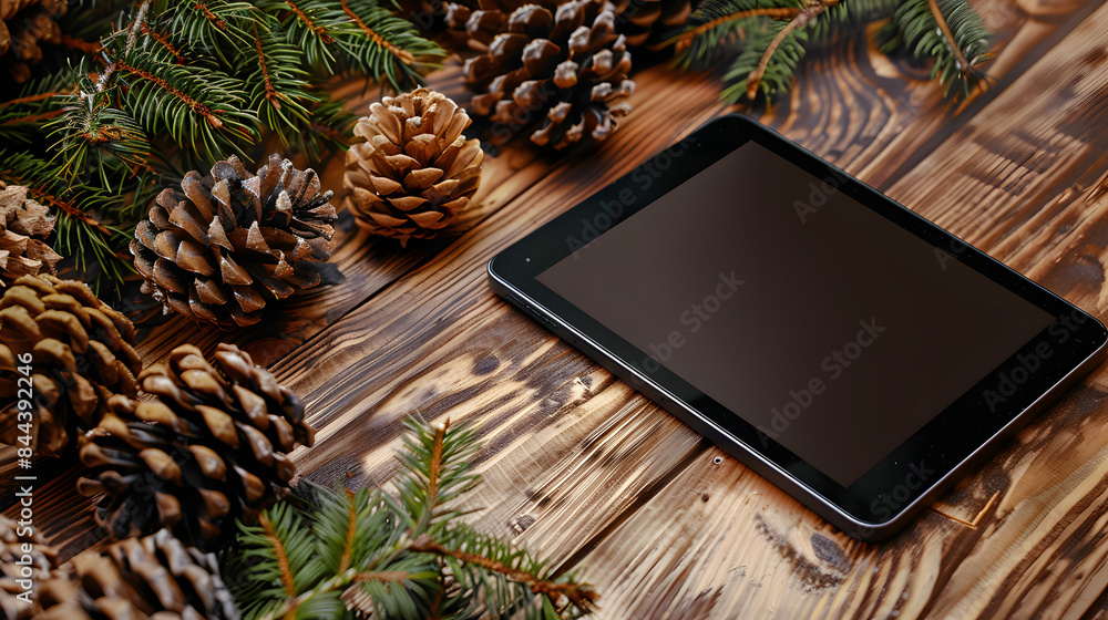 Poster mockup of a blank tablet on a teak table with autumn fir cones