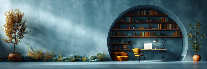 Minimalistic home office with a circular bookshelf and a cozy chair. Concept of study space and organization