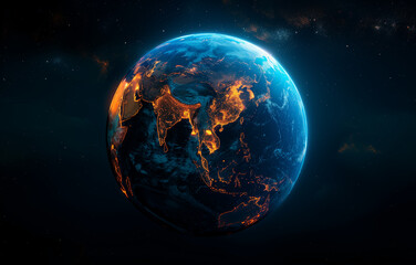 Sphere of nightly Earth planet in outer space. City lights on planet earth