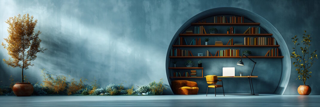 Minimalistic home office with a circular bookshelf and a cozy chair. Concept of study space and organization