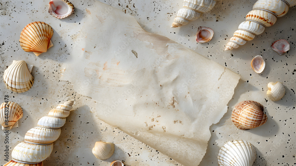 Poster mockup of a clear parchment on a stone-textured countertop with summer seashells