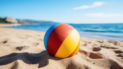 Obraz premium A beach ball is sitting on the sand near the water