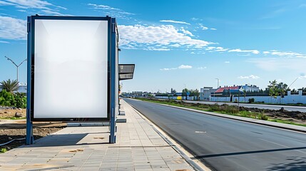 Tall, narrow blank billboard at a suburban bus stop, set against a clear blue sky and freshly paved road.